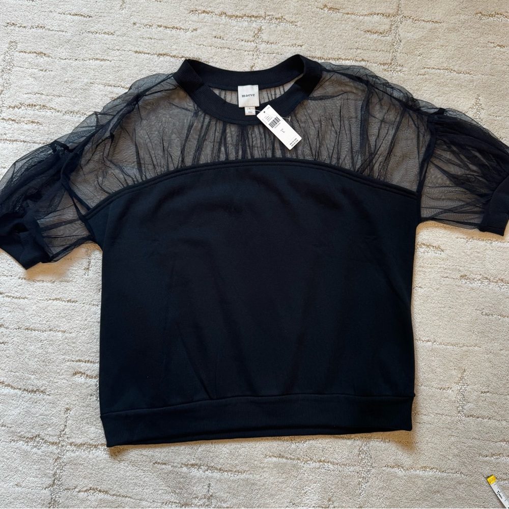 Maeve Black Short Sleeve Sheer Yoke Sweatshirt